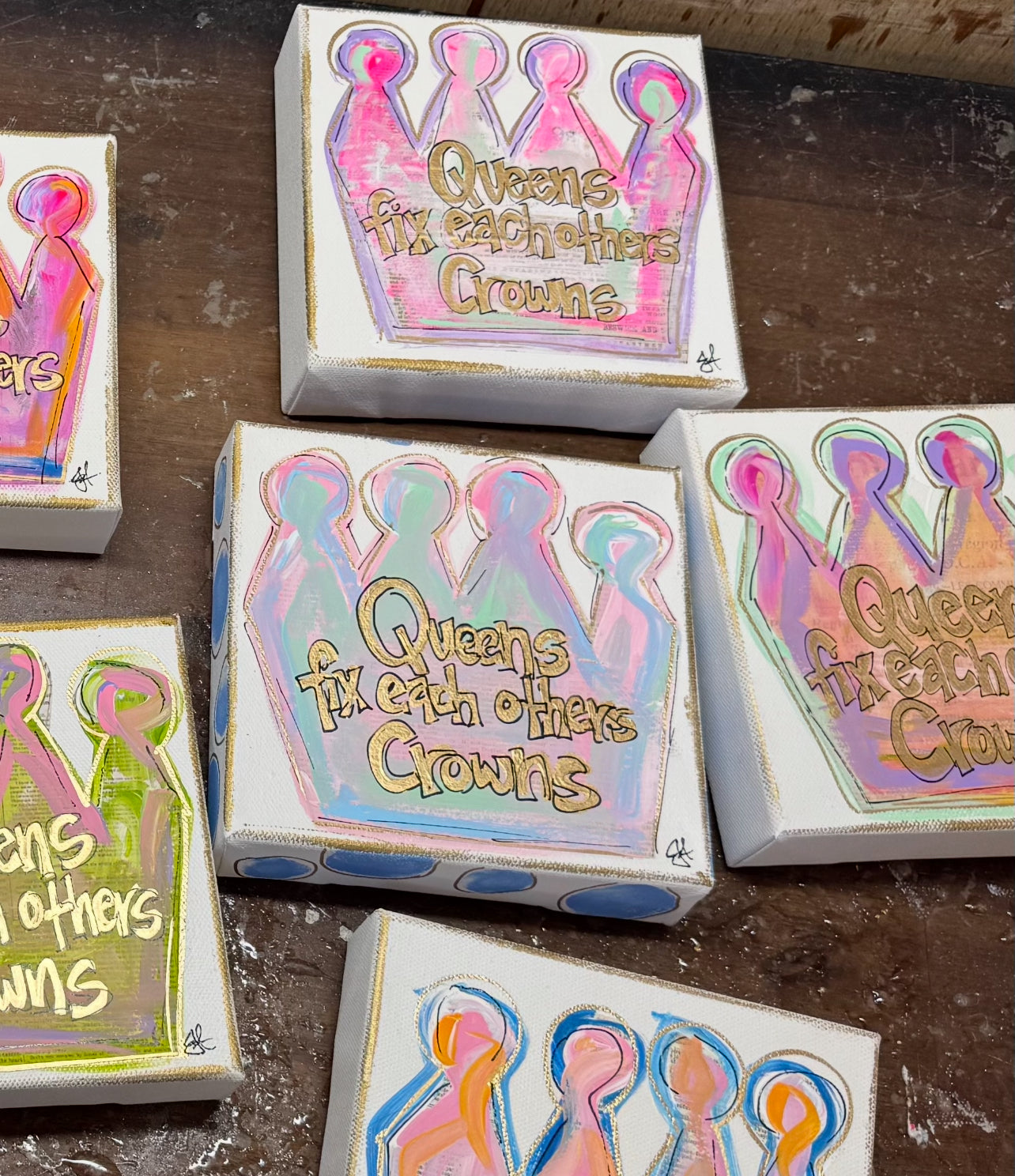 Queens Fix Each Others Crowns on Canvas (6”x6”)