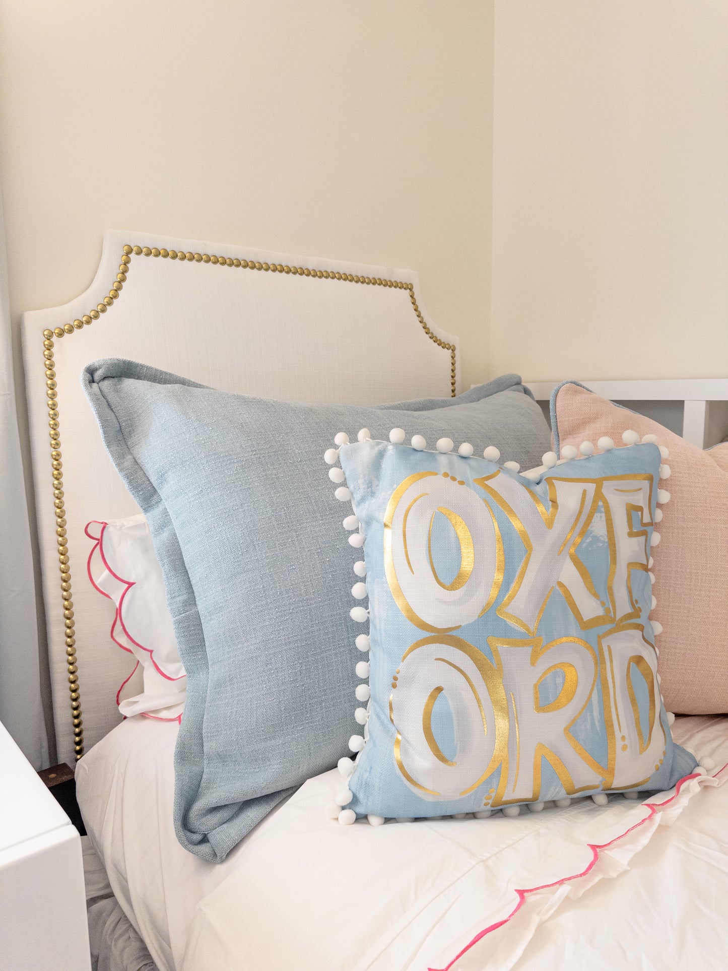 Consignment “Annie” Headboard In White w/ Gold Nailheads