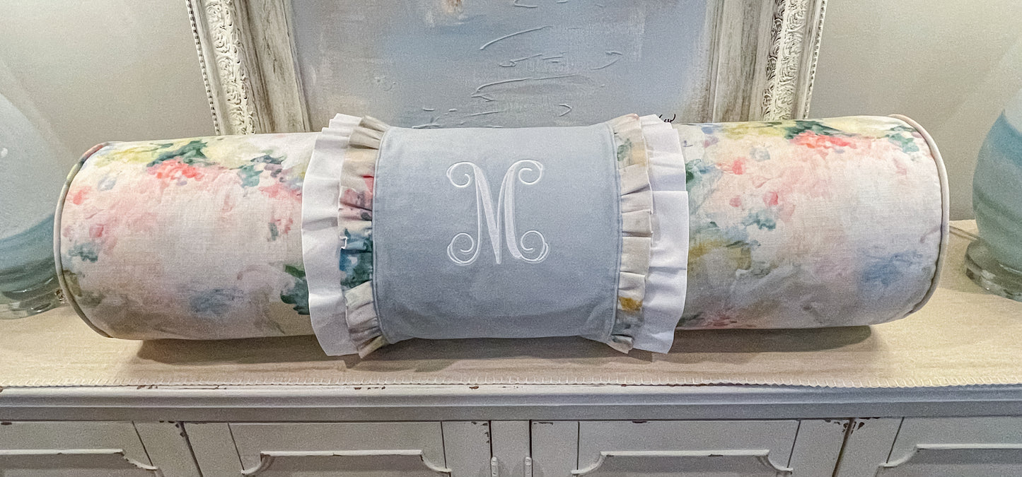 Custom Bolster Pillow in Spring Fabric w/ custom monogrammed wrap (Pricing starts at 150.00)
