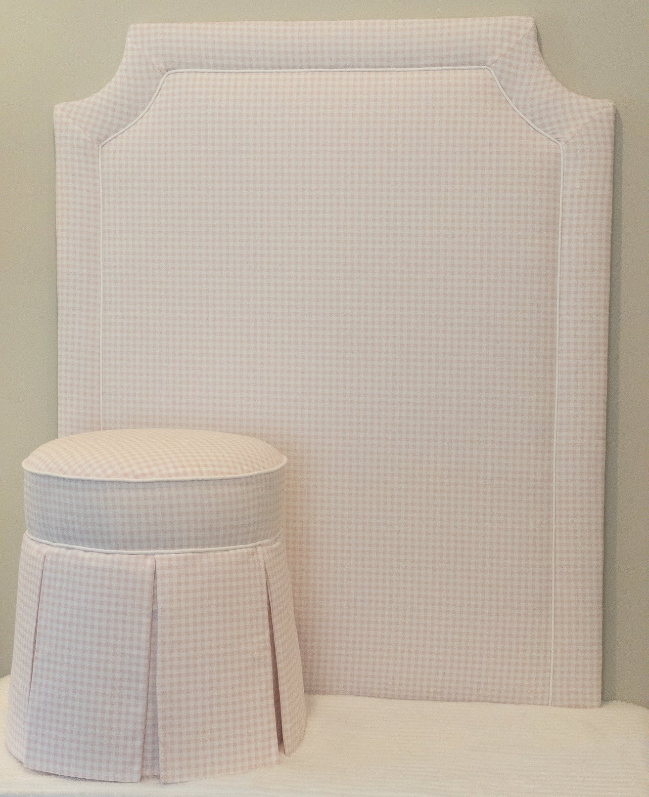 The “Lily” Soft Pink Gingham Twin Headboard w/ White Linen Piping