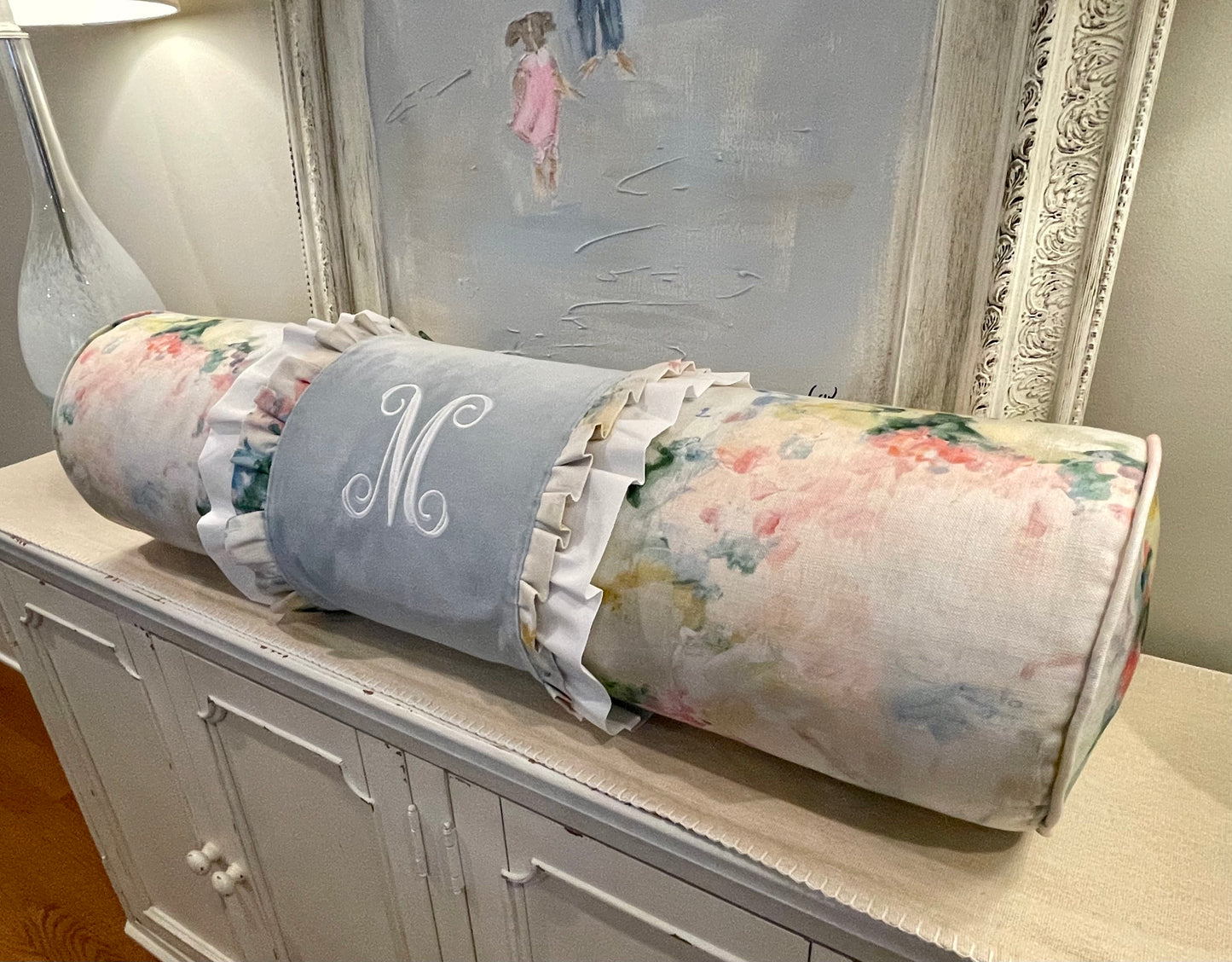 Custom Bolster Pillow in Spring Fabric w/ custom monogrammed wrap (Pricing starts at 150.00)