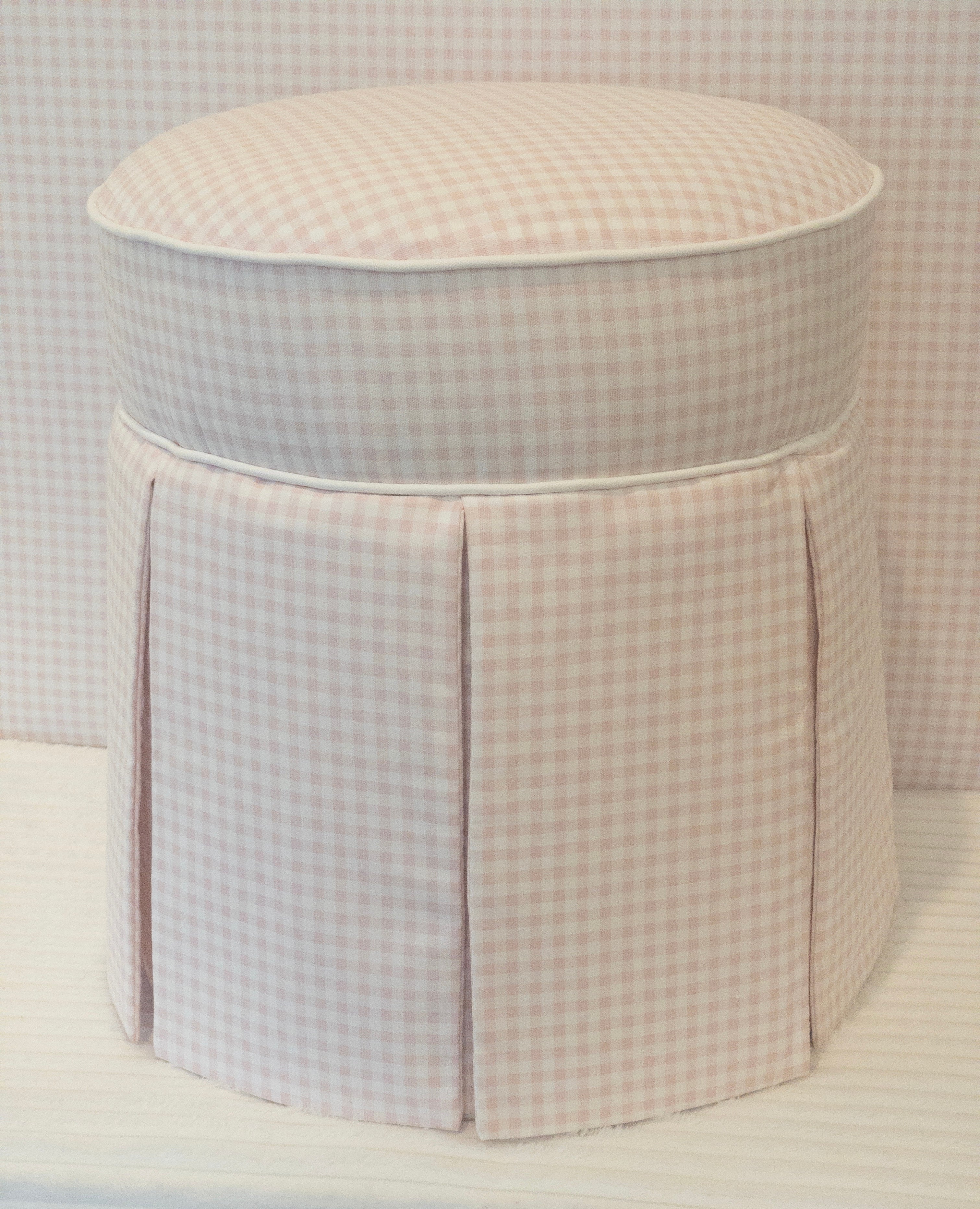 The “Regina” Soft Pink Gingham Skirted Ottoman – Loose Ends 38655 LLC