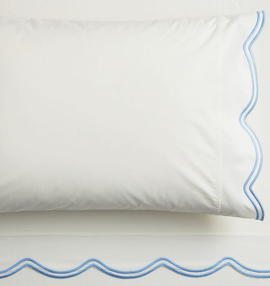 Blue Ivory Embroidered Scalloped Sheet Set Twin XL