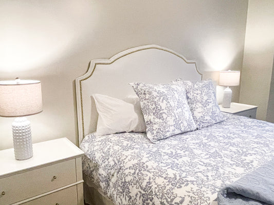 The “Landry” Deluxe Full Size Headboard In White Emu faux leather w/ Gold Nailheads