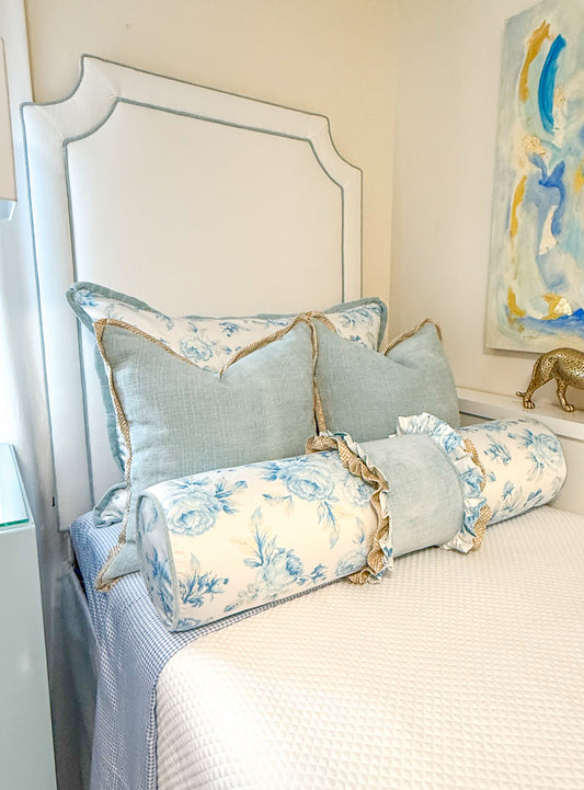 The “Lily” Deluxe Twin Size Headboard White W/ Cloud Sky Blue Piping