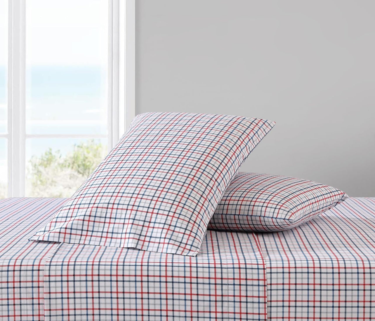 Plaid Twin XL Sheet Set, Cotton Percale Bedding Set, Crisp & Cool, Lightweight & Breathable (Boating Tattersall Red, Twin XL)
