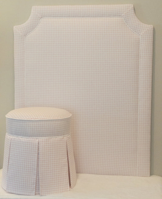 The “Lily” Soft Pink Gingham Twin Headboard w/ White Linen Piping