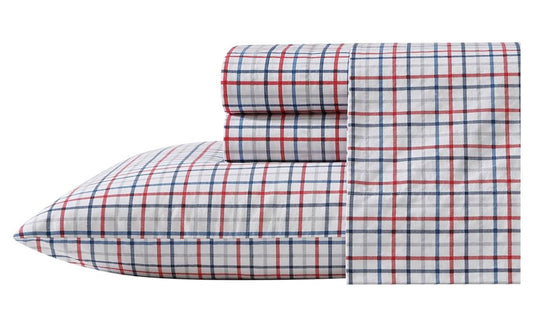 Plaid Twin XL Sheet Set, Cotton Percale Bedding Set, Crisp & Cool, Lightweight & Breathable (Boating Tattersall Red, Twin XL)