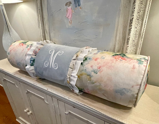 Custom Bolster Pillow in Spring Fabric w/ custom monogrammed wrap (Pricing starts at 150.00)